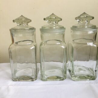 Vintage: set van 3 bewaarpotten in glas